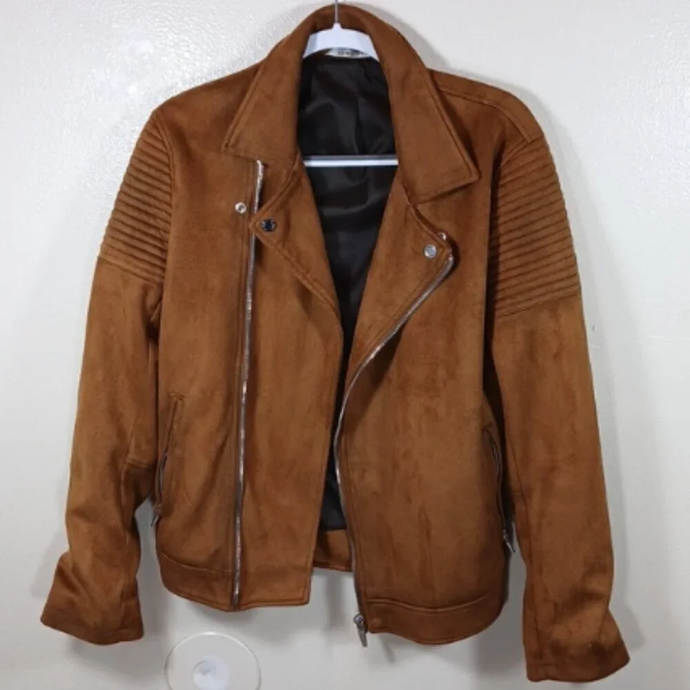 Zara Men's Rust Brown Vegan Suede Moto Biker Jacket size Small